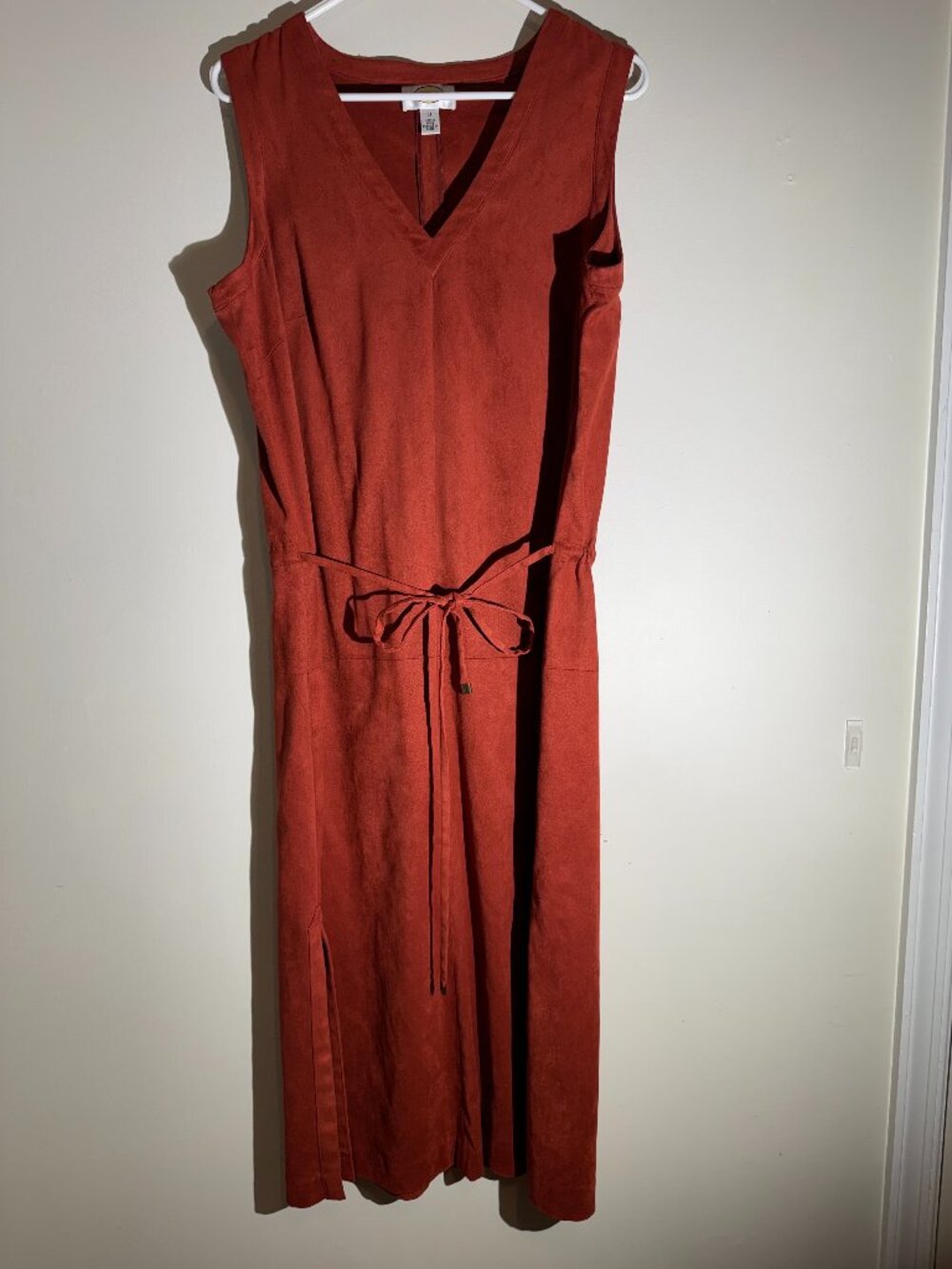 Talbots Rust Terracotta Faux Suede V-Neck Tie Waist Midi Dress | Size 12